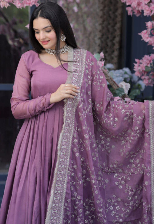 Embroidered Art Silk A Line Suit in Purple : KQU4522