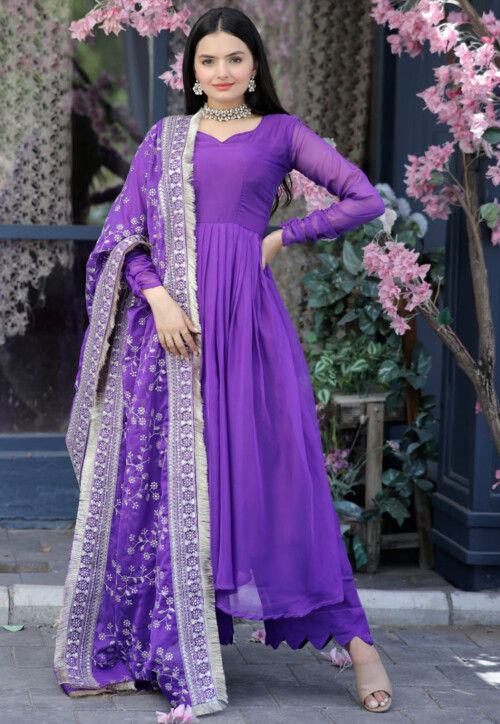 Embroidered Art Silk A Line Suit in Purple : KQU4524