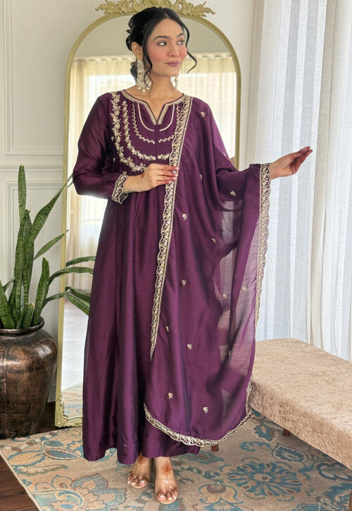 Embroidered Art Silk A Line Suit in Purple