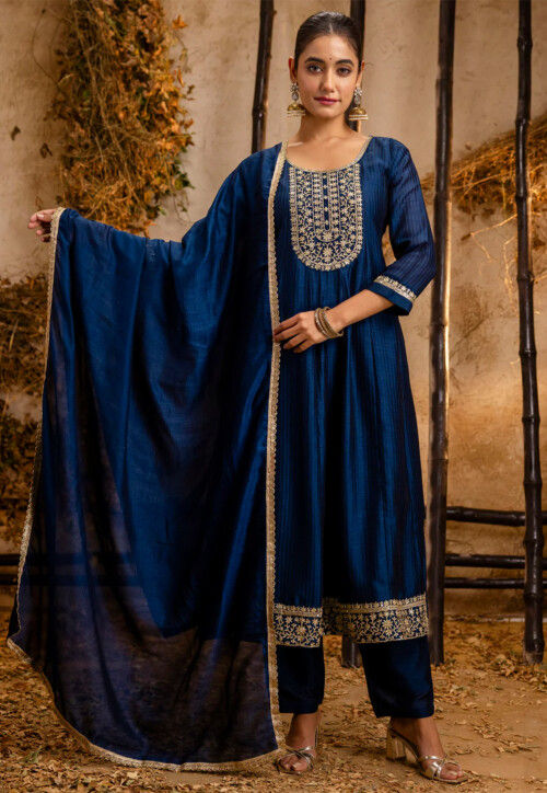 Embroidered Art Silk A Line Suit in Teal Blue