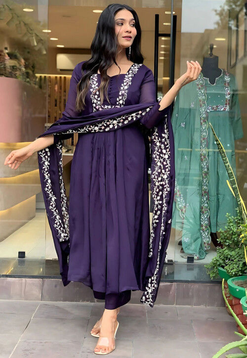 Embroidered Art Silk A Line Suit in Violet