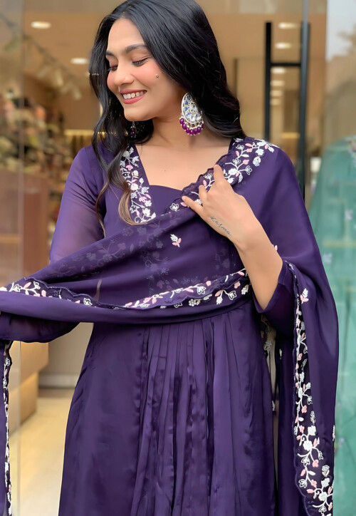 Embroidered Art Silk A Line Suit in Violet