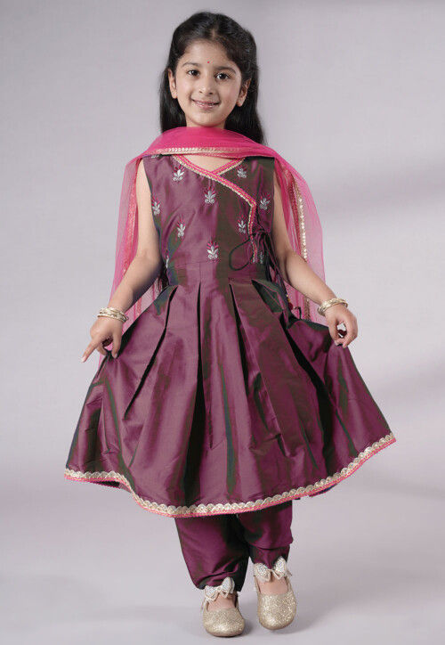 Embroidered Art Silk A Line Suit in Wine