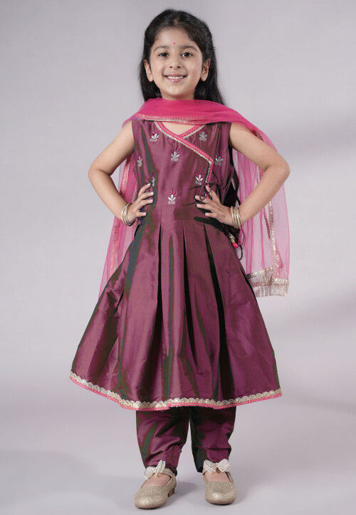 Embroidered Art Silk A Line Suit in Wine