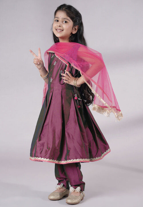 Embroidered Art Silk A Line Suit in Wine