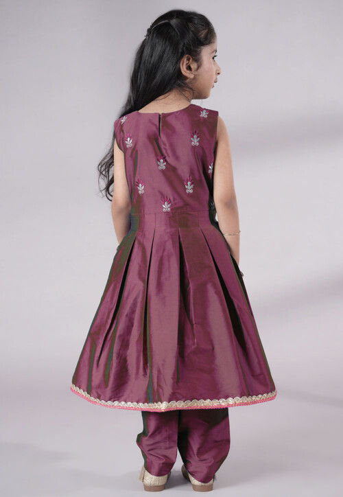 Embroidered Art Silk A Line Suit in Wine