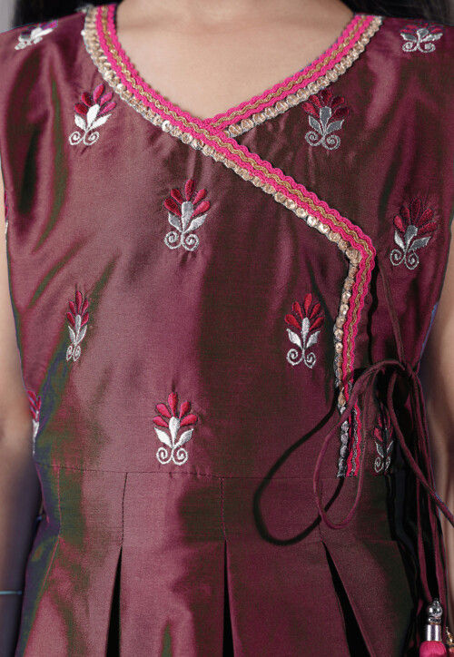 Embroidered Art Silk A Line Suit in Wine
