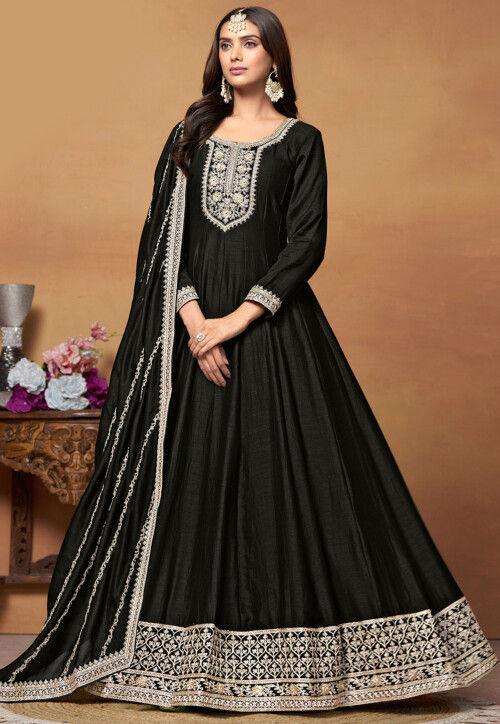 Embroidered Art Silk Abaya Style Suit in Black