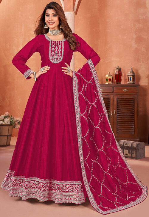 Embroidered Art Silk Abaya Style Suit in Fuchsia