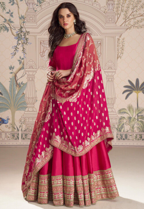 Embroidered Art Silk Abaya Style Suit in Fuchsia
