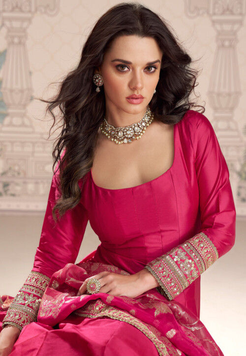 Embroidered Art Silk Abaya Style Suit in Fuchsia