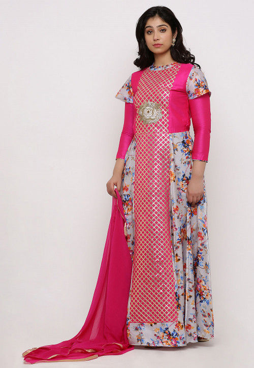 Embroidered Art Silk Abaya Style Suit in Grey and Fuchsia