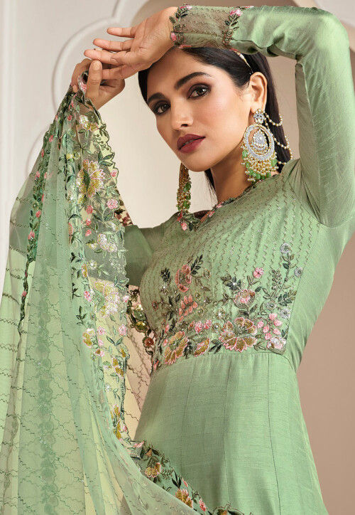 Buy Embroidered Art Silk Abaya Style Suit in Light Green Online ...