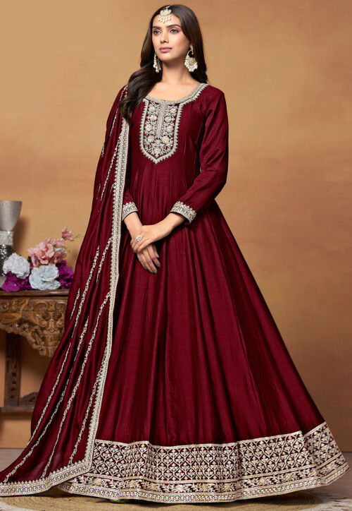 Embroidered Art Silk Abaya Style Suit in Maroon