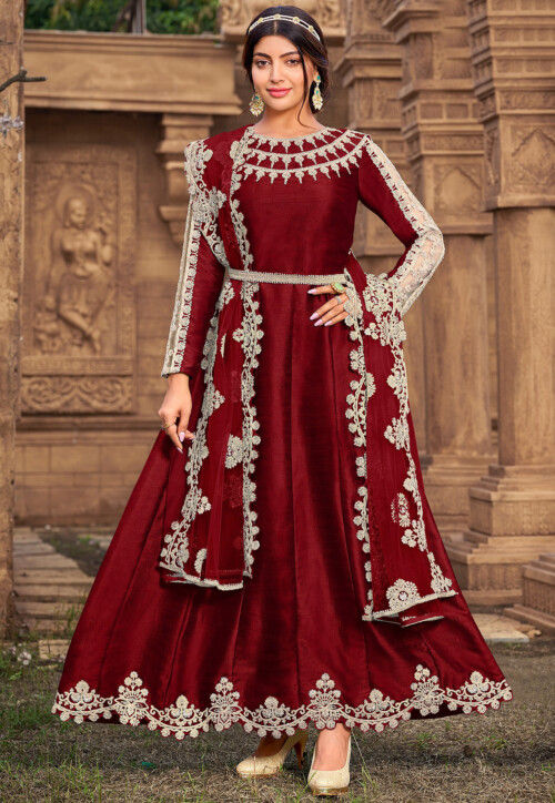 Embroidered Art Silk Abaya Style Suit in Maroon : KCH8599