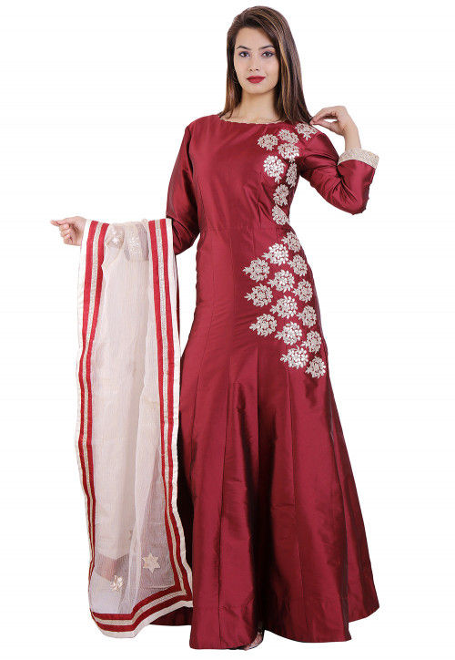 Embroidered Art Silk Abaya Style Suit in Maroon