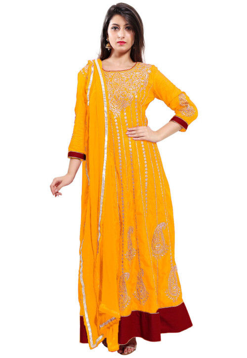 Embroidered Art Silk Abaya Style Suit in Mustard