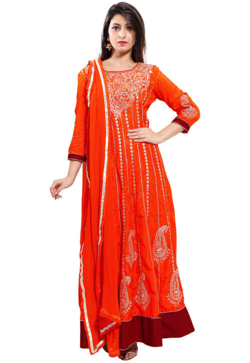 Embroidered Art Silk Abaya Style Suit in Orange
