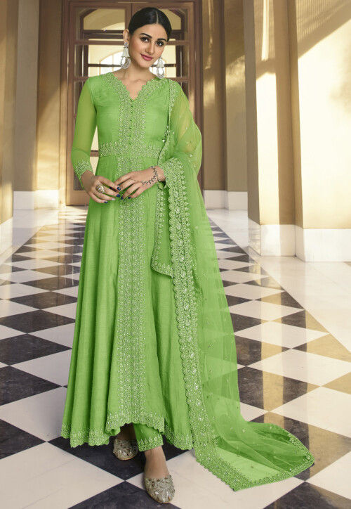 Embroidered Art Silk Abaya Style Suit in Pastel Green