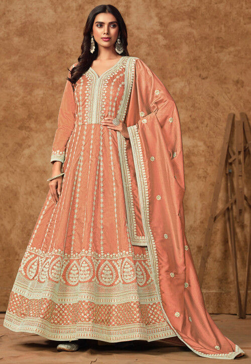 Embroidered Art Silk Abaya Style Suit in Peach