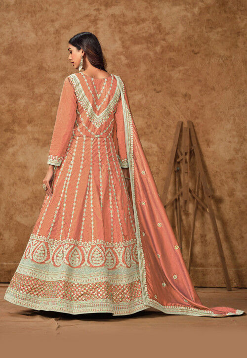 Embroidered Art Silk Abaya Style Suit in Peach