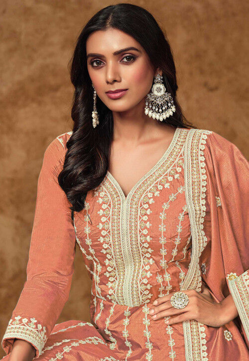 Embroidered Art Silk Abaya Style Suit in Peach