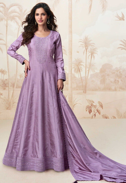 Embroidered Art Silk Abaya Style Suit in Purple
