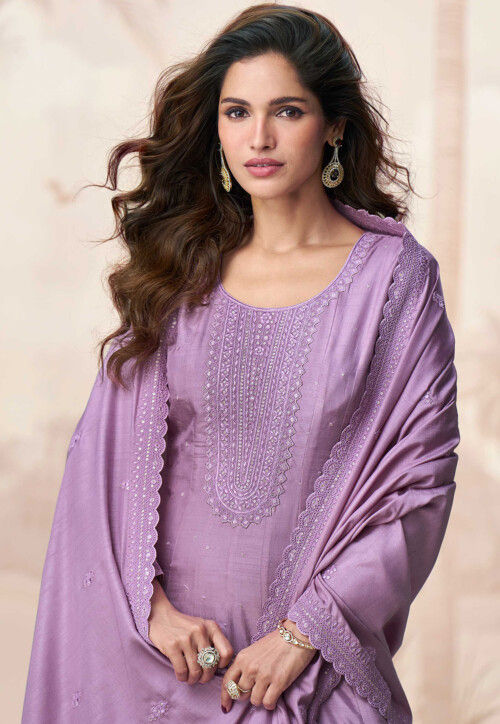 Embroidered Art Silk Abaya Style Suit in Purple
