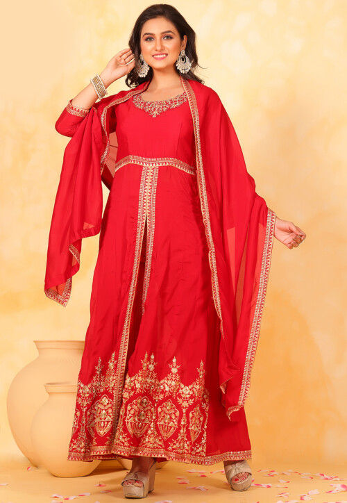 Embroidered Art Silk Abaya Style Suit in Red