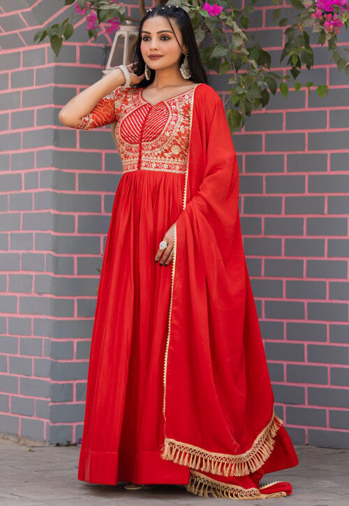 Embroidered Art Silk Abaya Style Suit in Red