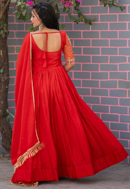 Embroidered Art Silk Abaya Style Suit in Red