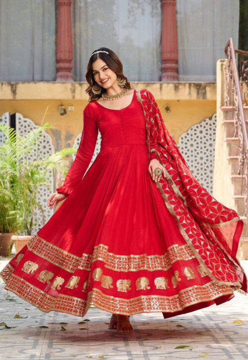 Embroidered Art Silk Abaya Style Suit in Red