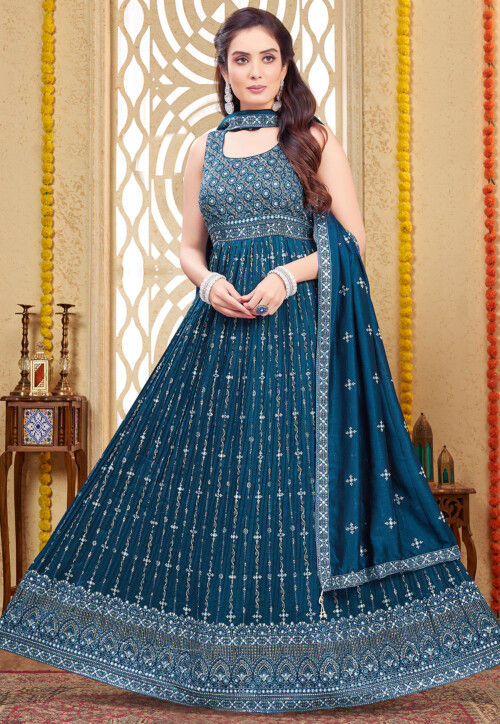 Buy Embroidered Art Silk Abaya Style Suit in Teal Blue Online KBN659 Utsav Fashion