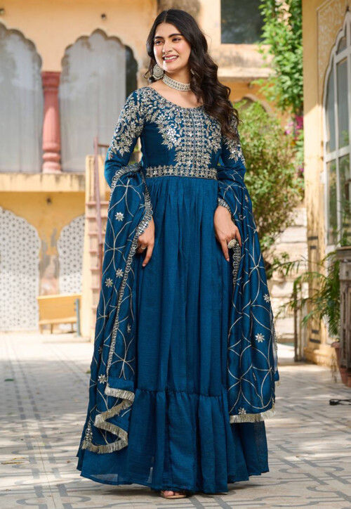 Embroidered Art Silk Abaya Style Suit in Teal Blue