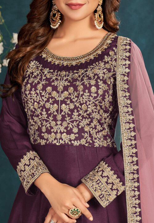 Embroidered Art Silk Abaya Style Suit in Wine : KCH8286