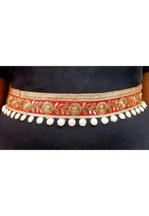 Embroidered Art Silk Adjustable Waist Belt in Dark Orange
