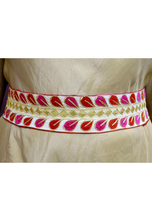 Embroidered Art Silk Adjustable Waist Belt in Light Beige