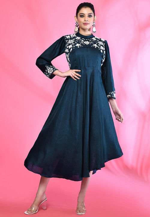 Embroidered Art Silk Aline Dress in Navy Blue Embroidered Art Silk Aline Dress in Navy Blue