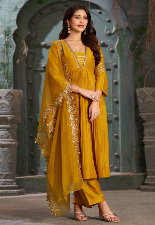 Embroidered Art Silk Aline Suit in Mustard