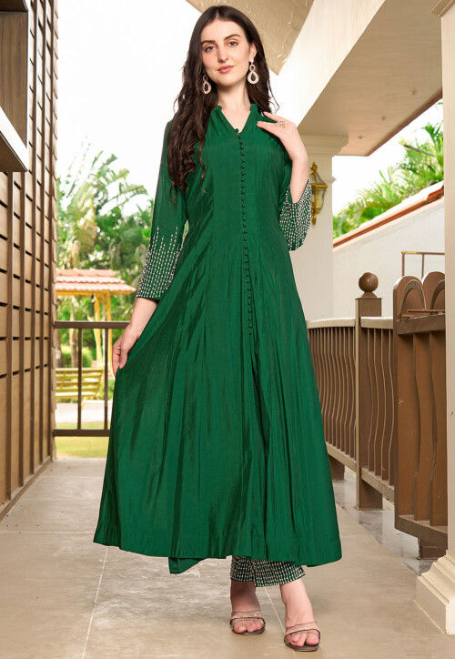 Embroidered Art Silk Anarkali Kurta Set in Green