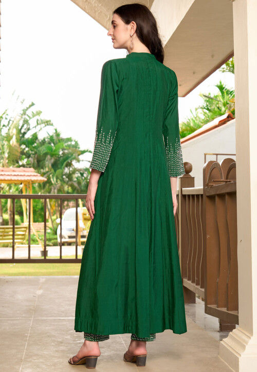 Embroidered Art Silk Anarkali Kurta Set in Green