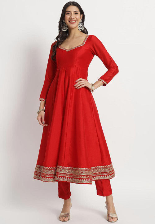 Buy Embroidered Art Silk Anarkali Kurta Set in Red Online TBY478