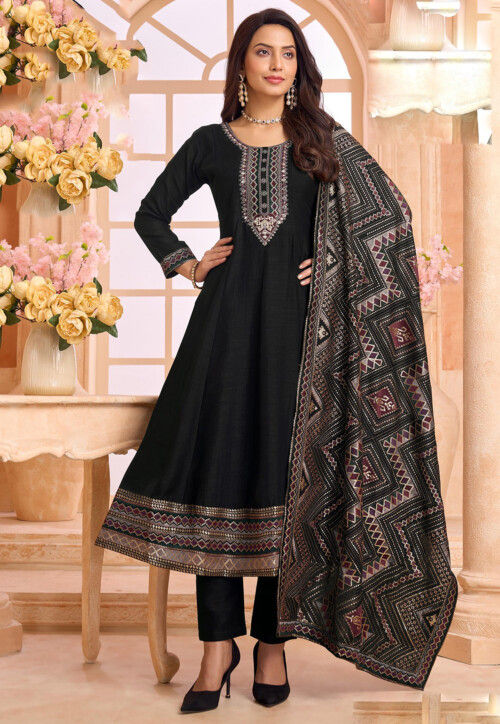 Buy Embroidered Art Silk Anarkali Suit in Black Online : KRD1074 - Utsav  Fashion