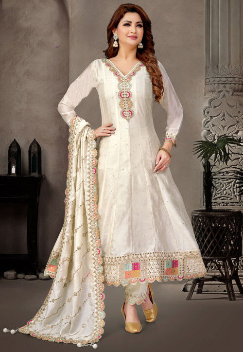Buy Embroidered Art Silk Anarkali suit in Cream Online KBN1332