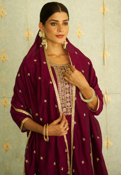 Embroidered Art Silk Anarkali Suit in Dark Magenta