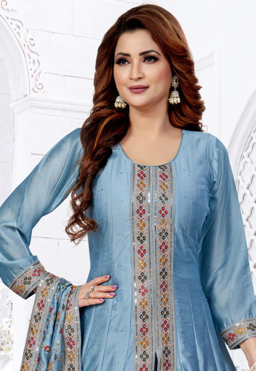 Embroidered Art Silk Anarkali Suit in Dusty Blue