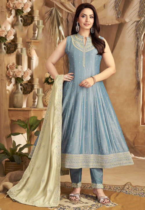 utsav fashion anarkali dress Embroidered Art Silk Anarkali Suit in Dusty Blue