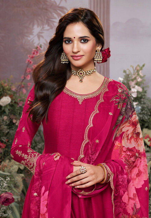 Buy Embroidered Art Silk Anarkali Suit in Fuchsia Online : KKE261 ...