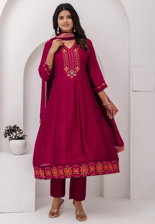 Embroidered Art Silk Anarkali Suit in Magenta