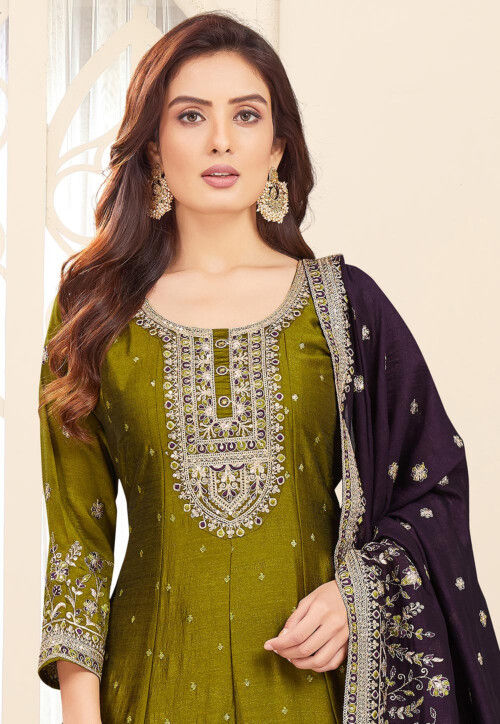 GREEN COLOR SILK BASE EMBROIDERED WORK ANARKALI SUIT SET OF 4 main image 1